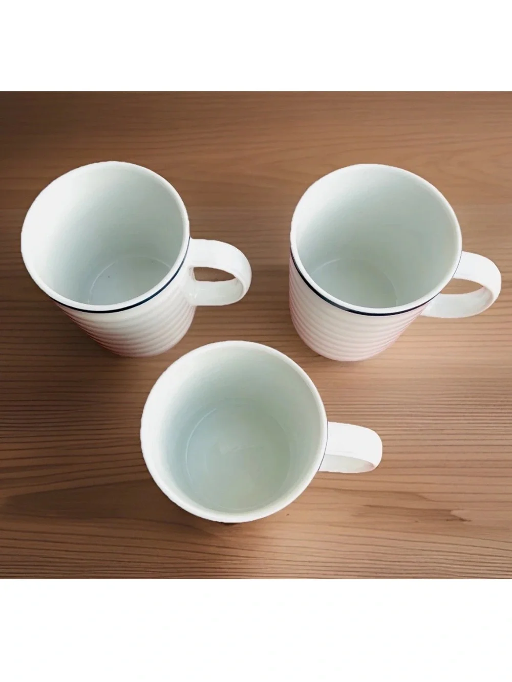Crate & Barrel Roulette Blue Band Ribbed Mugs~Spal Porcelain~White SET OF 3